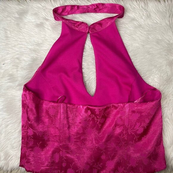 Zara Pink Floral Jacquard Halter Top With Keyhole Neckline Women's Sleeveless L - Picture 7 of 8